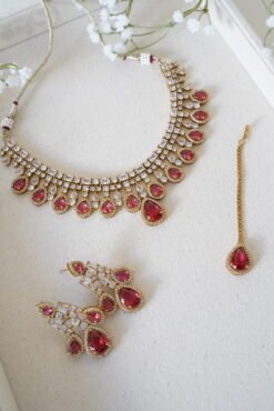 Teardrop CZ necklace set with matching earrings and tikka, Indian Pakistani bridal cubic zirconia jewelry for weddings.