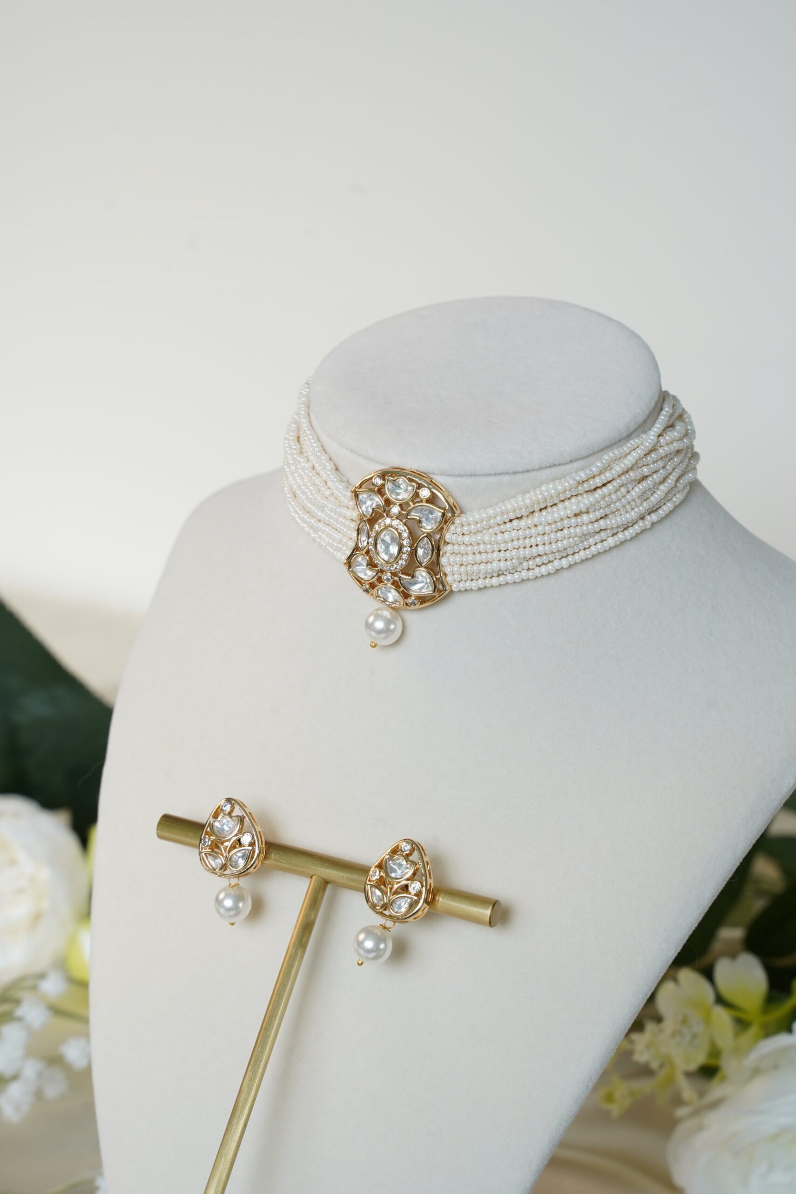 Ivory Beaded Choker Set with Pearl DropSet - Image 2