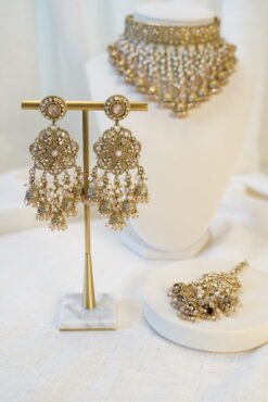 Jhumka tassel choker necklace set in pink with matching earrings and tikka - South Asian bridal jewelry