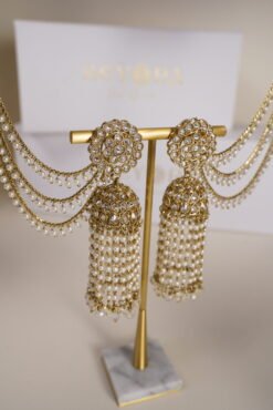Long Jhumka with Earchain and Bangle Set - Gold - Image 4