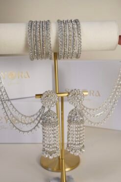 Long Jhumka with Earchain and Bangle Set - Silver