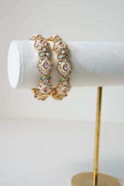 Mint Pink Floral Kundan Bangles - Image 3