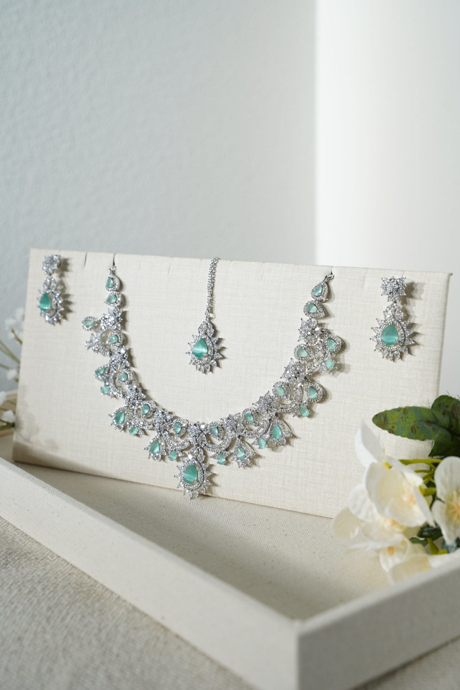indian AD necklace set bridal jewelry CZ necklace set Silver tone Indowestern indian jewelry statement AD necklace set for wedding bridal CZ necklace set with intricate design Mint CZ Necklace Set Bridal