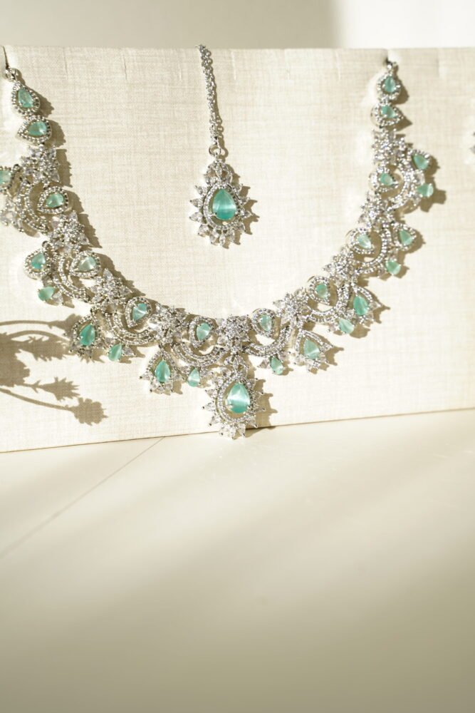indian AD necklace set bridal jewelry CZ necklace set Silver tone Indowestern indian jewelry statement AD necklace set for wedding bridal CZ necklace set with intricate design Mint CZ Necklace Set Bridal