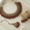 maroon beaded necklace adjustable drawstring south asian jewelry indian pakistani maroon necklace set with jhumka earrings maroon beaded bridal necklace with tikka and earrings south asian maroon beaded necklace gold tone detailing desi maroon necklace jhumka earrings