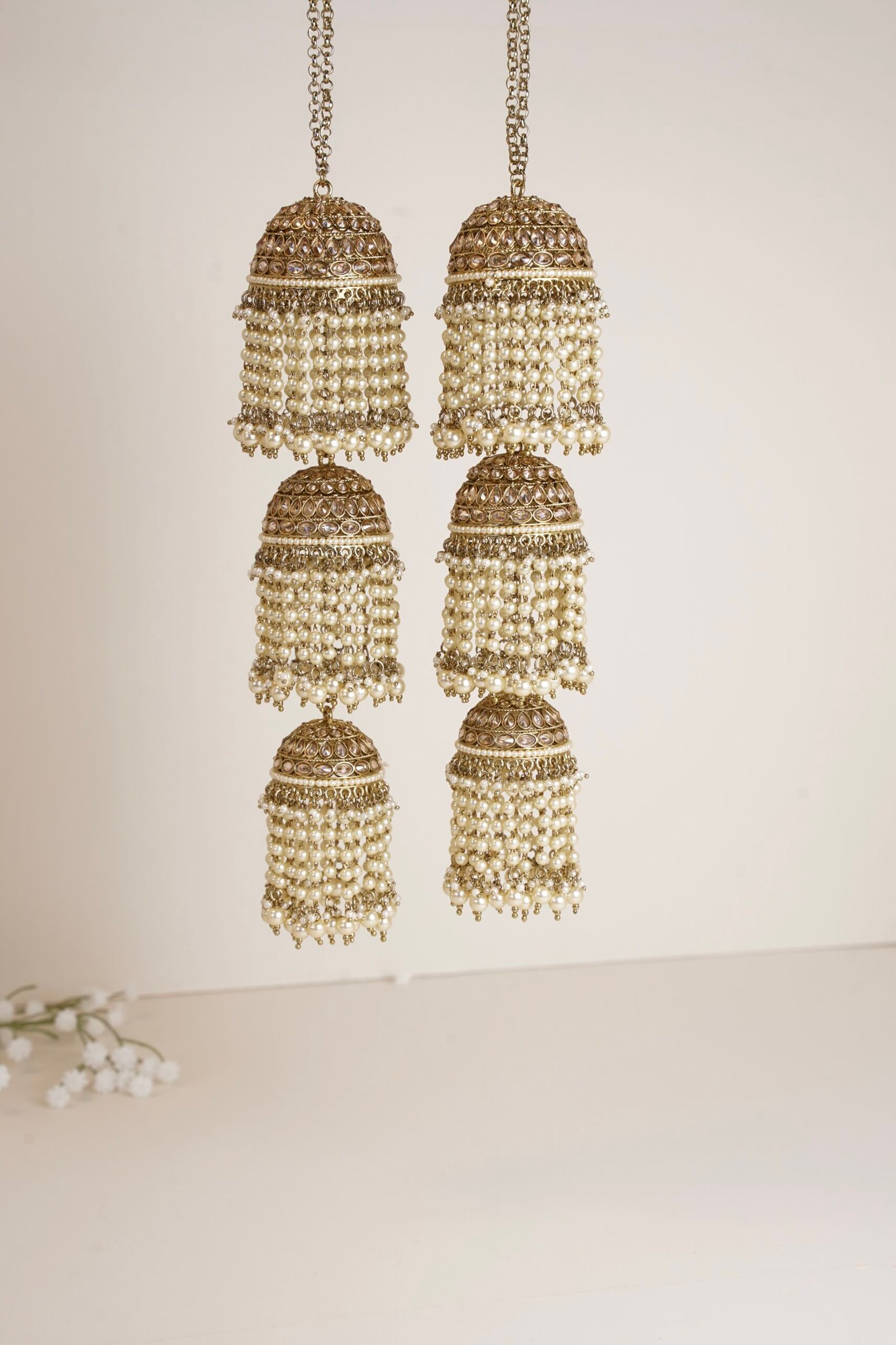 Modern statement bridal kaleerey with three tier jhumkis