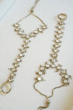 Seyora Jewels traditional Kundan hathphool hand harness set for both hands, featuring gold plating and white stones