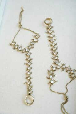 Seyora Jewels traditional Kundan hathphool hand harness set for both hands, featuring gold plating and white stones