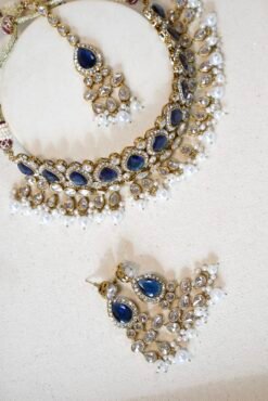 Simran necklace set in royal deep blue with matching earrings and tikka,