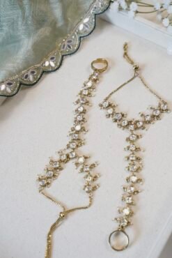 Seyora Jewels traditional Kundan hathphool hand harness set for both hands, featuring gold plating and white stones