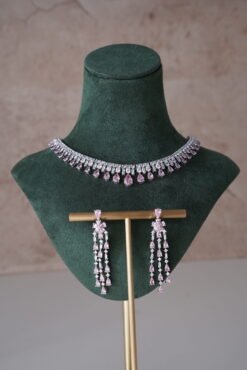 Delicate pink American diamond necklace set with matching earrings, featuring sparkling stones in a soft feminine design