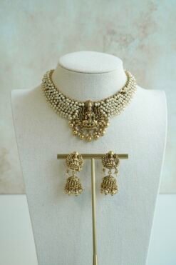 Padma temple necklace set with pearls and goddess motif, South Asian bridal jewelry