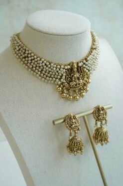 Padma temple necklace set with pearls and goddess motif, South Asian bridal jewelry