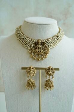Padma temple necklace set with pearls and goddess motif, South Asian bridal jewelry