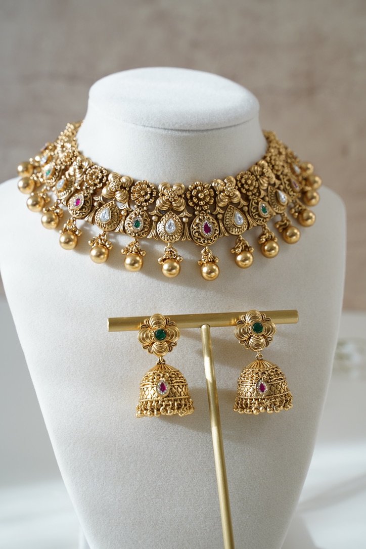 Floral Detail Ruby & Green Kundan Set - Image 2