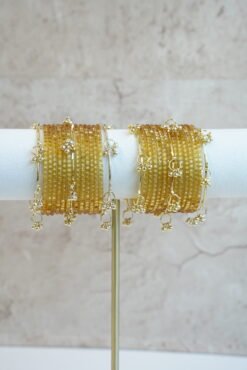 Golden Sparkle Glass Bangle Set with Ghungroo Accents