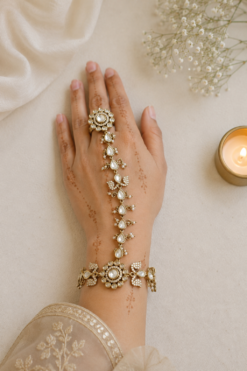 traditional Pakistani and Indian style Kundan hathphool bracelet with adjustable finger rings, styled for a luxury South Asian wedding