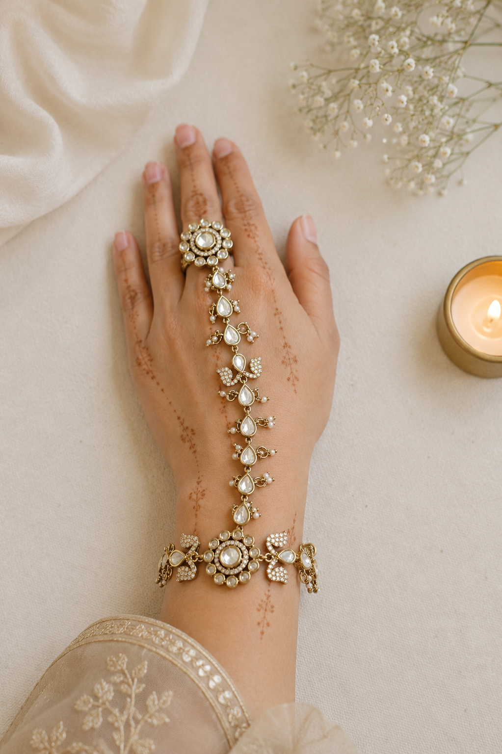 traditional Pakistani and Indian style Kundan hathphool bracelet with adjustable finger rings, styled for a luxury South Asian wedding