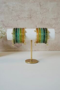 Forest-inspired Kashmiri raindrop glass bangle stack in light green, mehndi green, mint, and soft yellow, ideal for weddings, festive occasions, and traditional Indian or Pakistani outfits