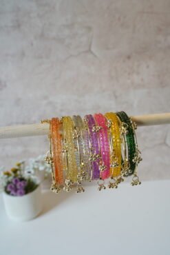 Colorful Kashmiri glass bangle set featuring vibrant jewel tones and ghungroo accents, ideal for bridal, festive, or traditional Indian and Pakistani occasions