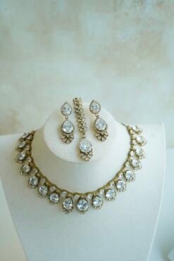 Sophie AD necklace set with antique finish and matching earrings and tikka, South Asian festive jewelry