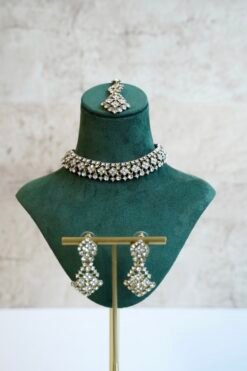 Indian Pakistani necklace set with matching sparkly drop earrings and traditional maang tikka for bridal receptions and festive events.