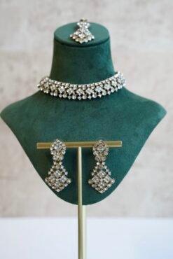 Indian Pakistani necklace set with matching sparkly drop earrings and traditional maang tikka for bridal receptions and festive events.