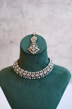 Indian Pakistani necklace set with matching sparkly drop earrings and traditional maang tikka for bridal receptions and festive events.