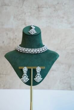 Indian Pakistani necklace set with matching sparkly drop earrings and traditional maang tikka for eid and festive events.
