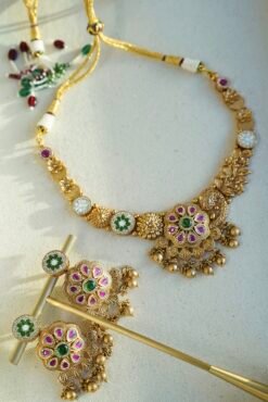 Heritage necklace set with pink green stones and mother of pearl accents in yellow gold finish with matching earrings