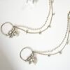 Mehndi polish Kundan nath featuring a lotus design, hanging pearl, and two-layer pearl chain by Seyora Jewels.