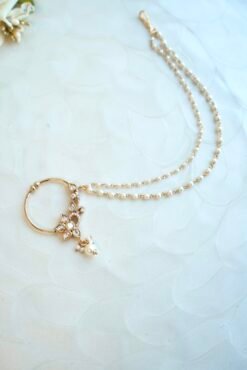 Dainty gold polish Kundan nath featuring a sparkly tiny zircon set, floral details, and a two-layer micro-beaded chain by Seyora Jewels.