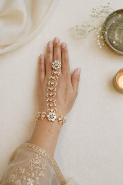 Seyora Jewels pastel floral Kundan hathphool hand harness set for both hands, featuring soft pastel stones and pearls.