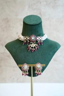 Lotus Purple Kundan Beaded Choker Set - Image 3