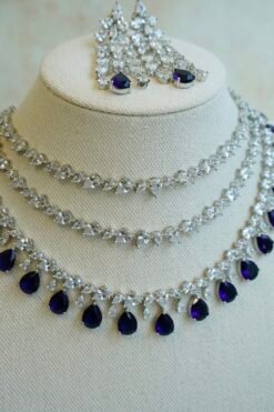 Luxe AD layered necklace set with deep blue and clear stone detailing, South Asian bridal jewelry