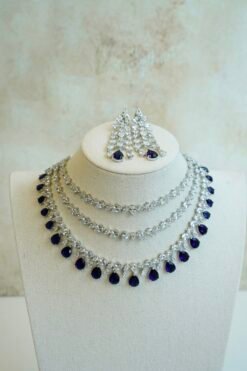 Luxe AD layered necklace set with deep blue and clear stone detailing, South Asian bridal jewelry