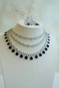 Luxe AD layered necklace set with deep blue and clear stone detailing, South Asian bridal jewelry