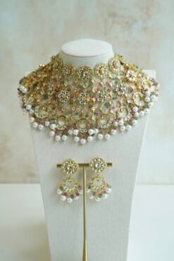 Heavily beaded pastel pachi kundan bridal necklace set with matching earrings.