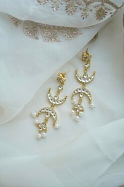 Seyora Jewels traditional pachi kundan moon-shaped chandbali earrings crafted from silver brass metal with delicate hanging pearl beads.