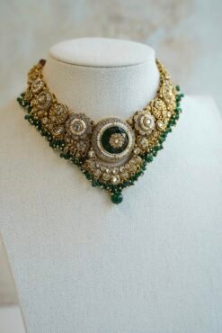 Lightweight green artificial Kundan necklace set with matching drop earrings and Maang Tikka for South Asian weddings.