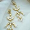 Seyora Jewels traditional pachi kundan moon-shaped chandbali earrings crafted from silver brass metal with delicate hanging pearl beads.