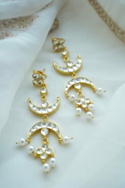 Seyora Jewels traditional pachi kundan moon-shaped chandbali earrings crafted from silver brass metal with delicate hanging pearl beads.