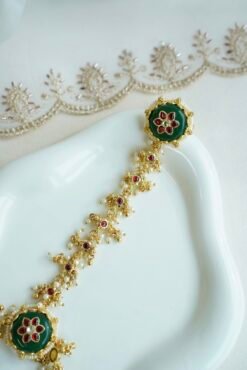 Seyora Jewels traditional hathphool hand chain featuring an adjustable finger ring and connecting chain in a bright gold-plated heritage finish.