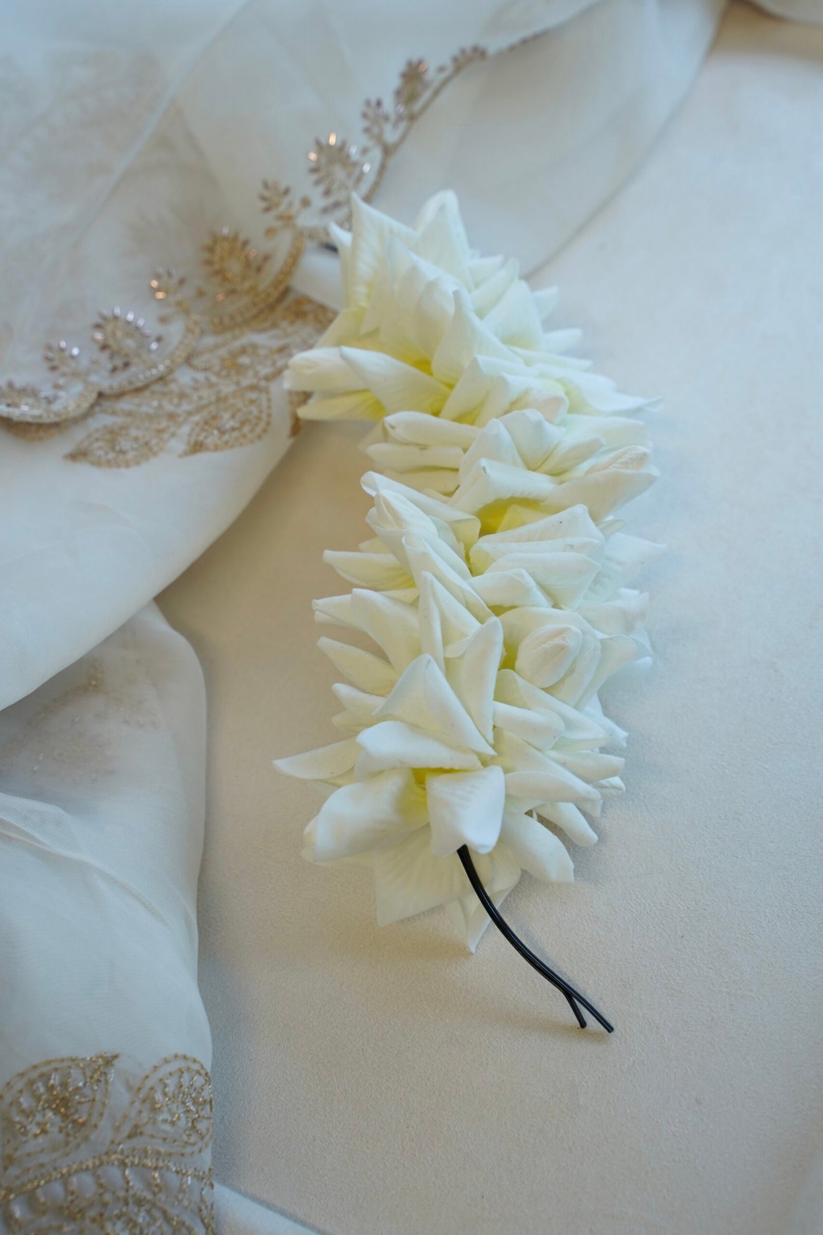 White rose petal gajara with hair pins for hair bun, South Asian hair accessory