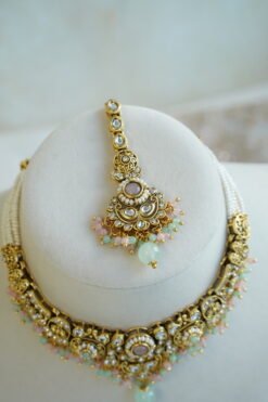 Somya pastel beaded kundan necklace set with matching earrings and tikka - mint and pink South Asian jewelry set