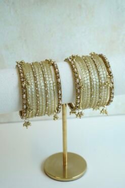 Cream Glass Bangle Set with Accent Kadas and Ghungroos - Image 4