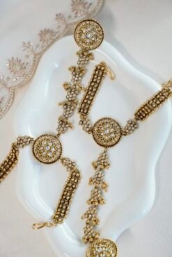 Seyora Jewels Sia traditional floral hathpan hand chain featuring an adjustable flower ring and a structured bracelet-style wrist band.