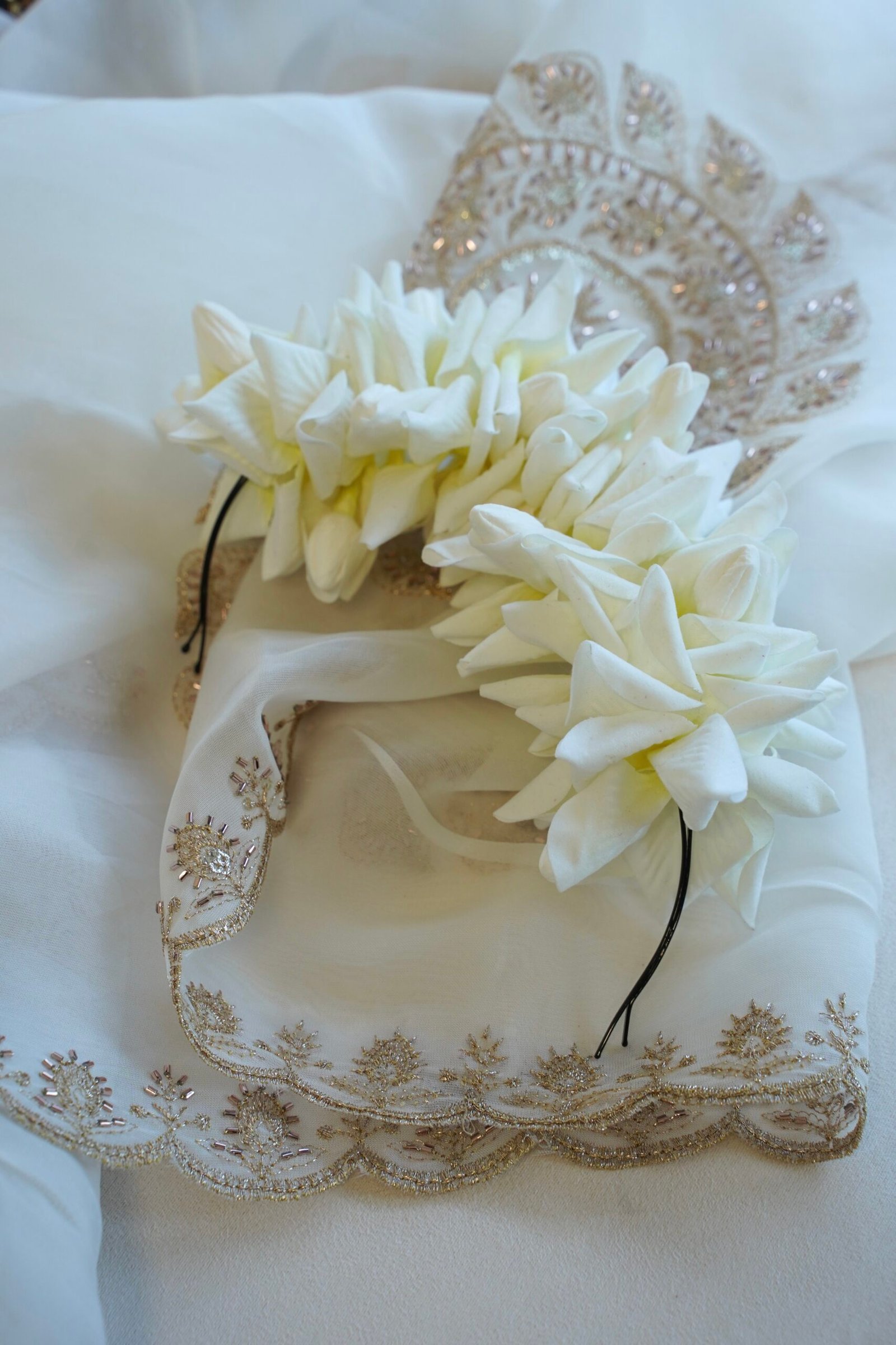 White rose petal gajara with hair pins for hair bun, South Asian hair accessory