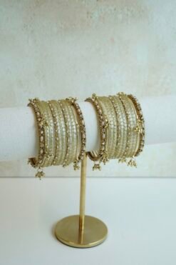 Cream Glass Bangle Set with Accent Kadas and Ghungroos - Image 3