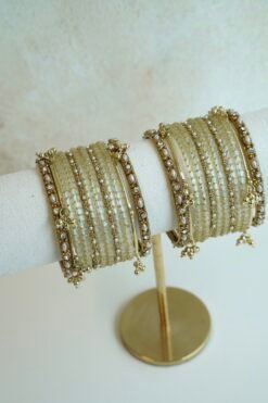 Cream Glass Bangle Set with Accent Kadas and Ghungroos